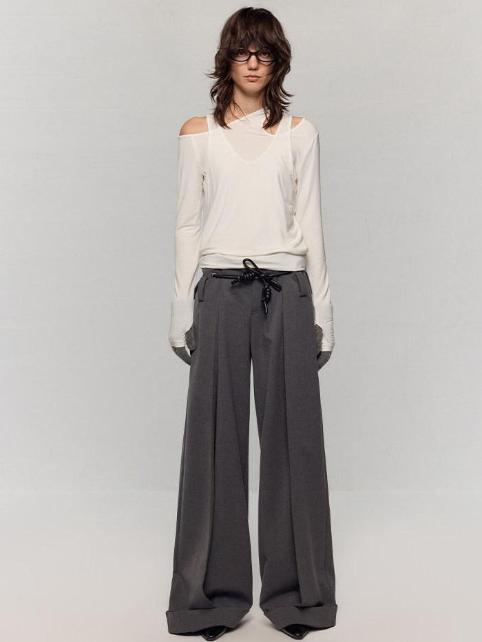 RUN TO THE FUTURE Minimalist Original Tie Detail Low Rise Zipper Women Rock Gray Wide-Leg Pants