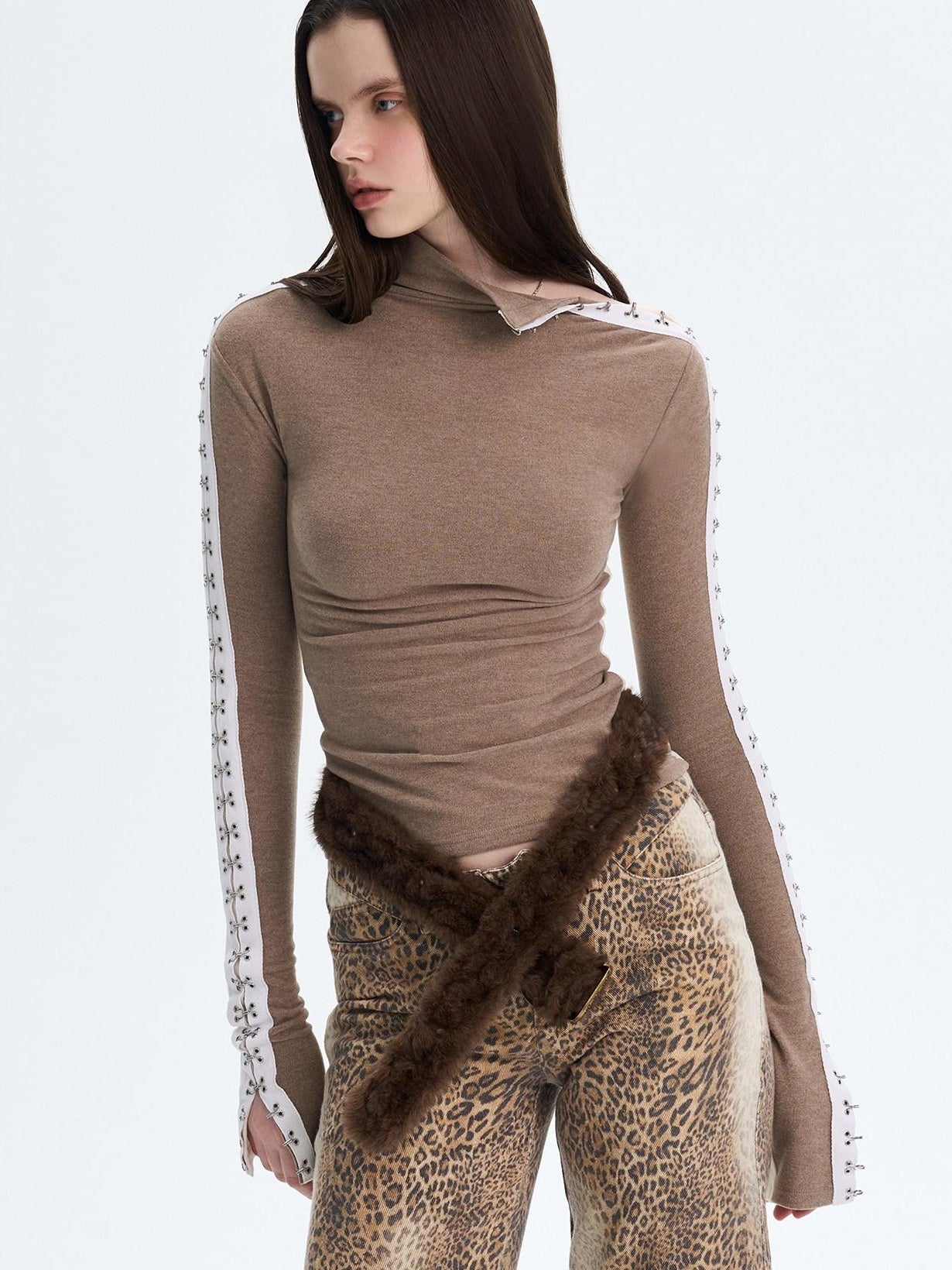The NeverMore Brushed Viscose Spandex Sexy Slim Half Open Collar Long Sleeve Crop Tops