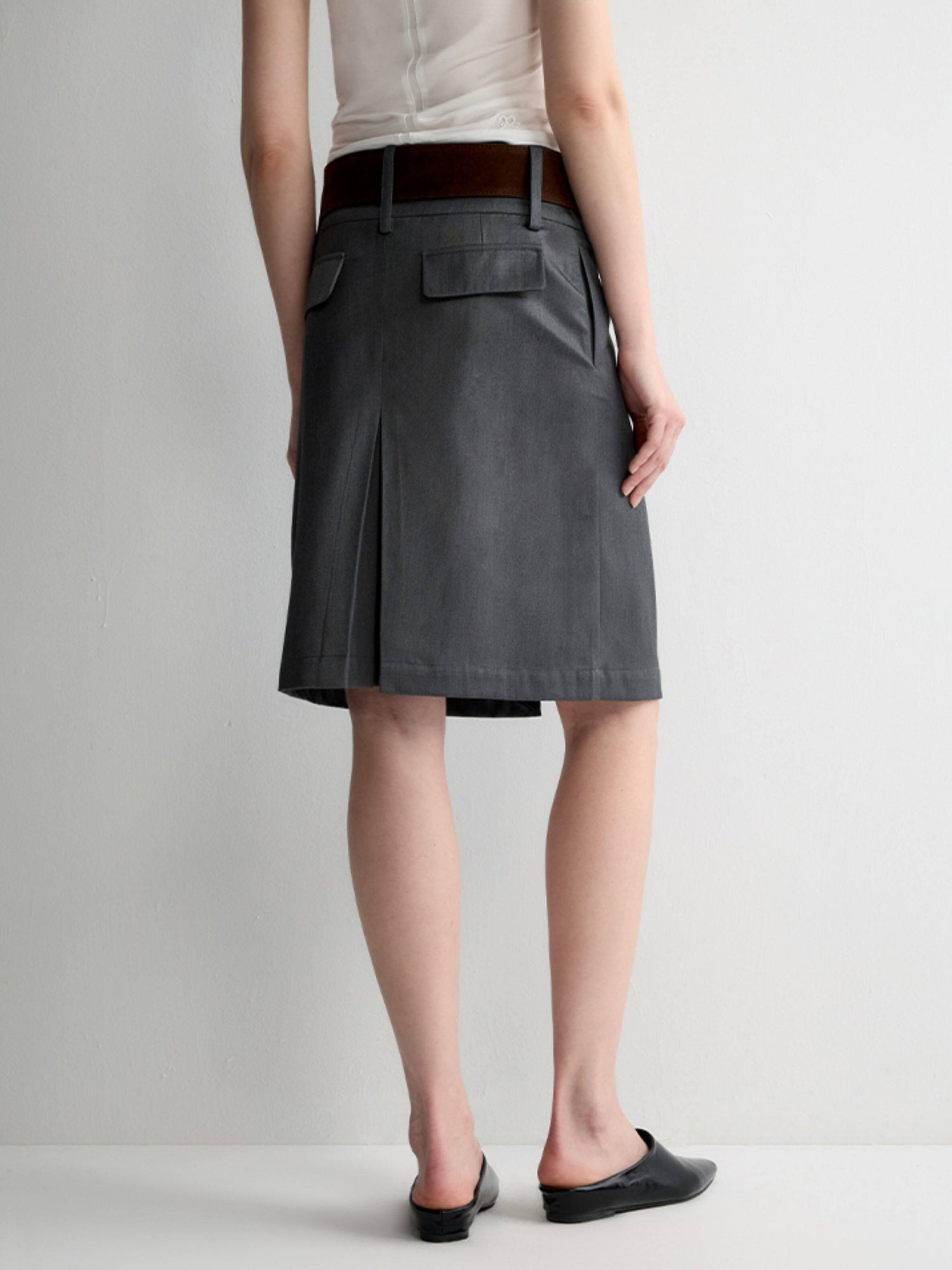 RUN TO THE FUTURE Lined Wool Blend Low Waist Pockets Vintage Office H Silhouette Midi Skirts