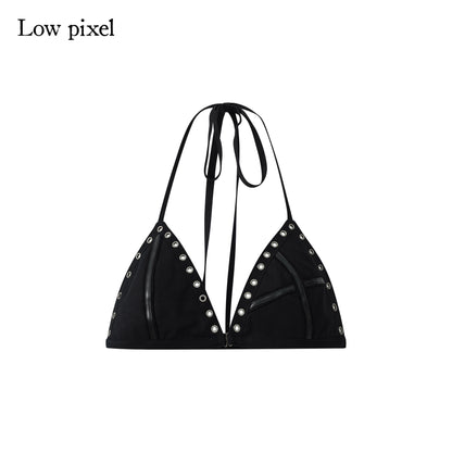Low_pixel_Comfortable_100%_Cotton_Sexy_Studded_Halter_Cropped_Beach_Solid_Black_Bikini_MISSTT