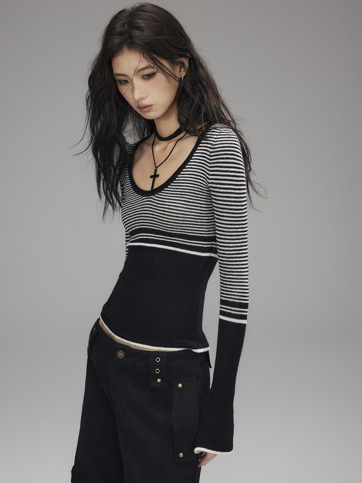 Low pixel Soft Acrylic Slim V-neck Striped Casual Women Everyday Long Sleeve T-Shirts