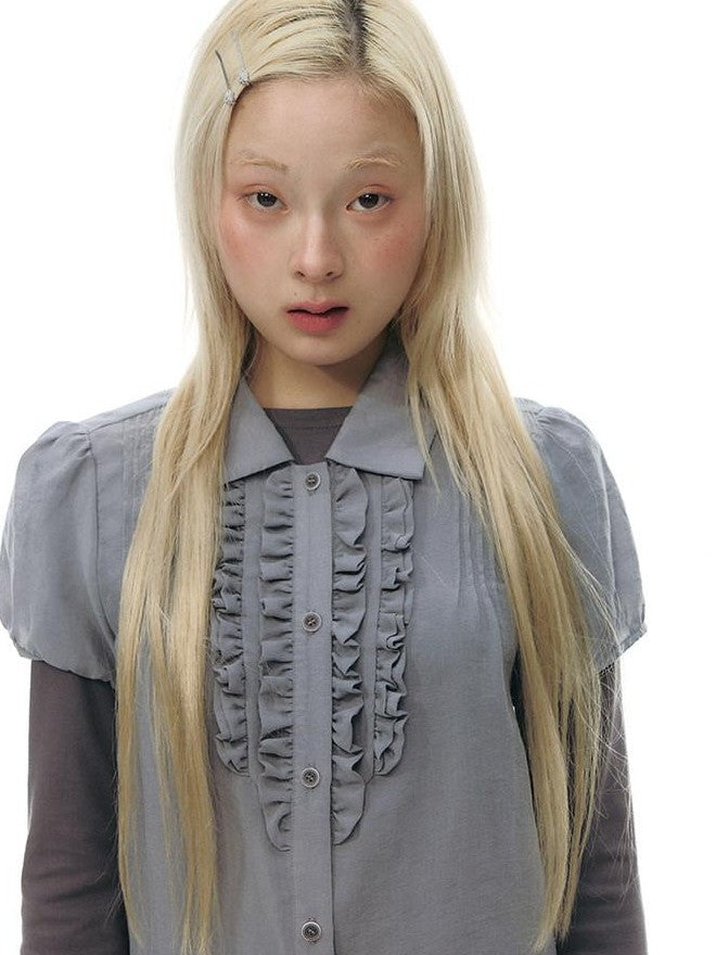 NAPSNAPS Gray Blue Lace Puff Sleeves Cardigan Women&