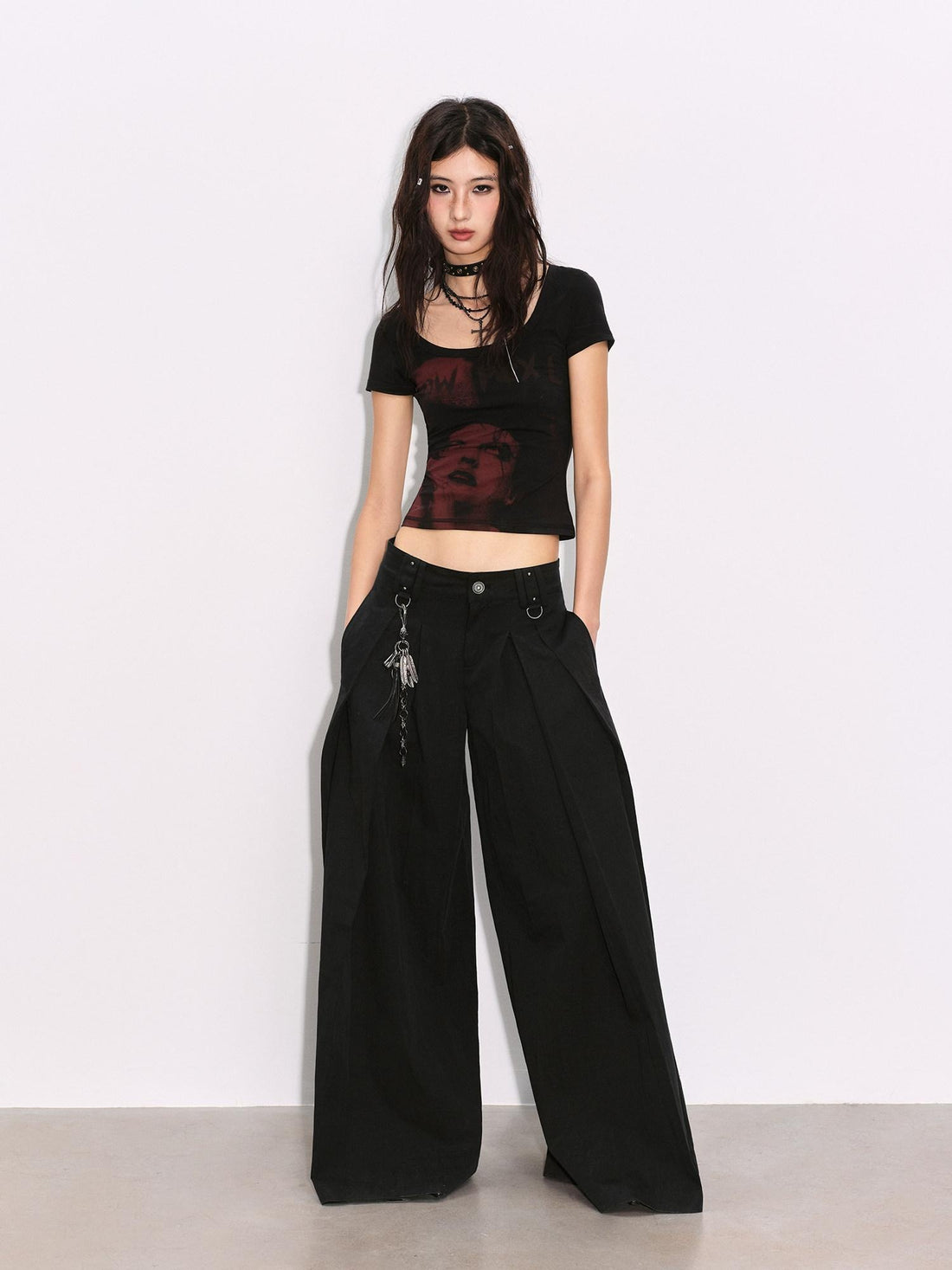 Low pixel Pleated Low Waist Relaxed Cotton Blend Black Women Wide Leg Pants