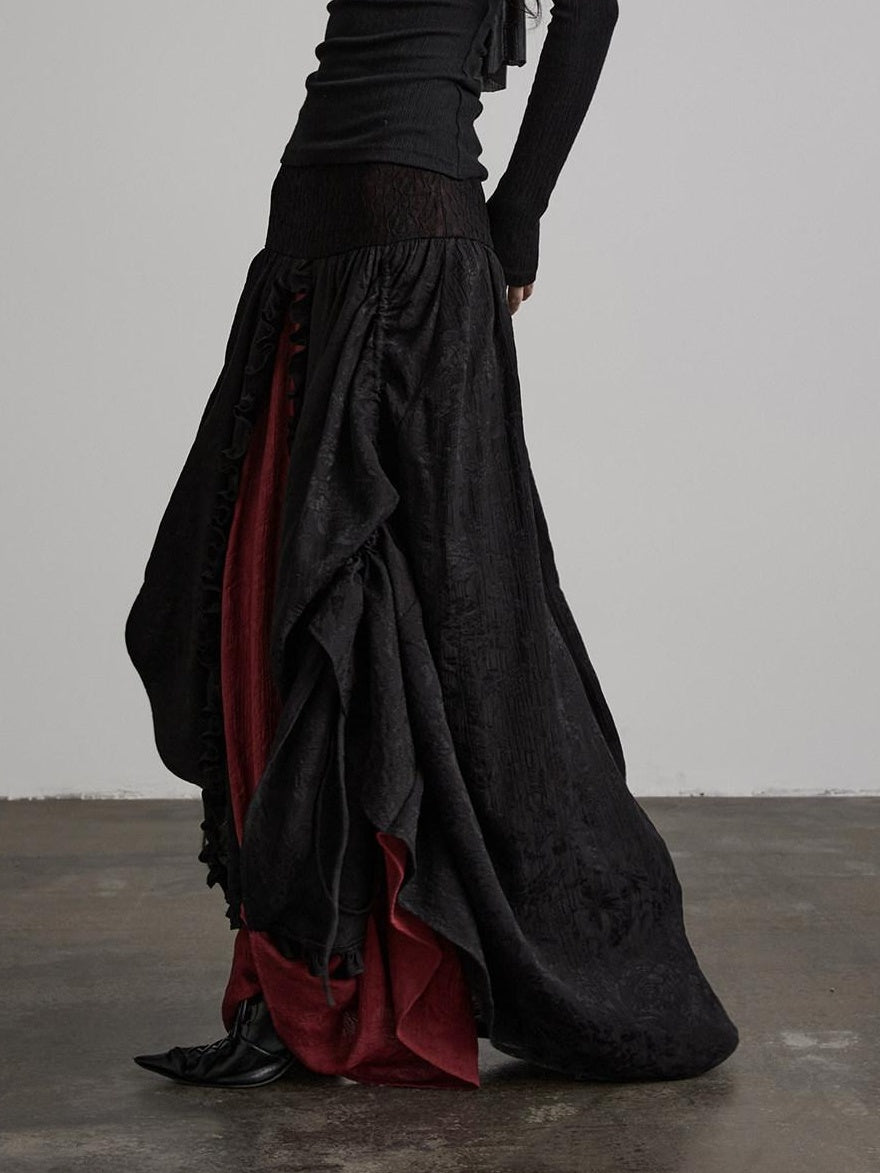 INDULGE Soft Comfy Rayon Ruffle Hem Gothic A Line Side Zipper Black Tiered Skirts