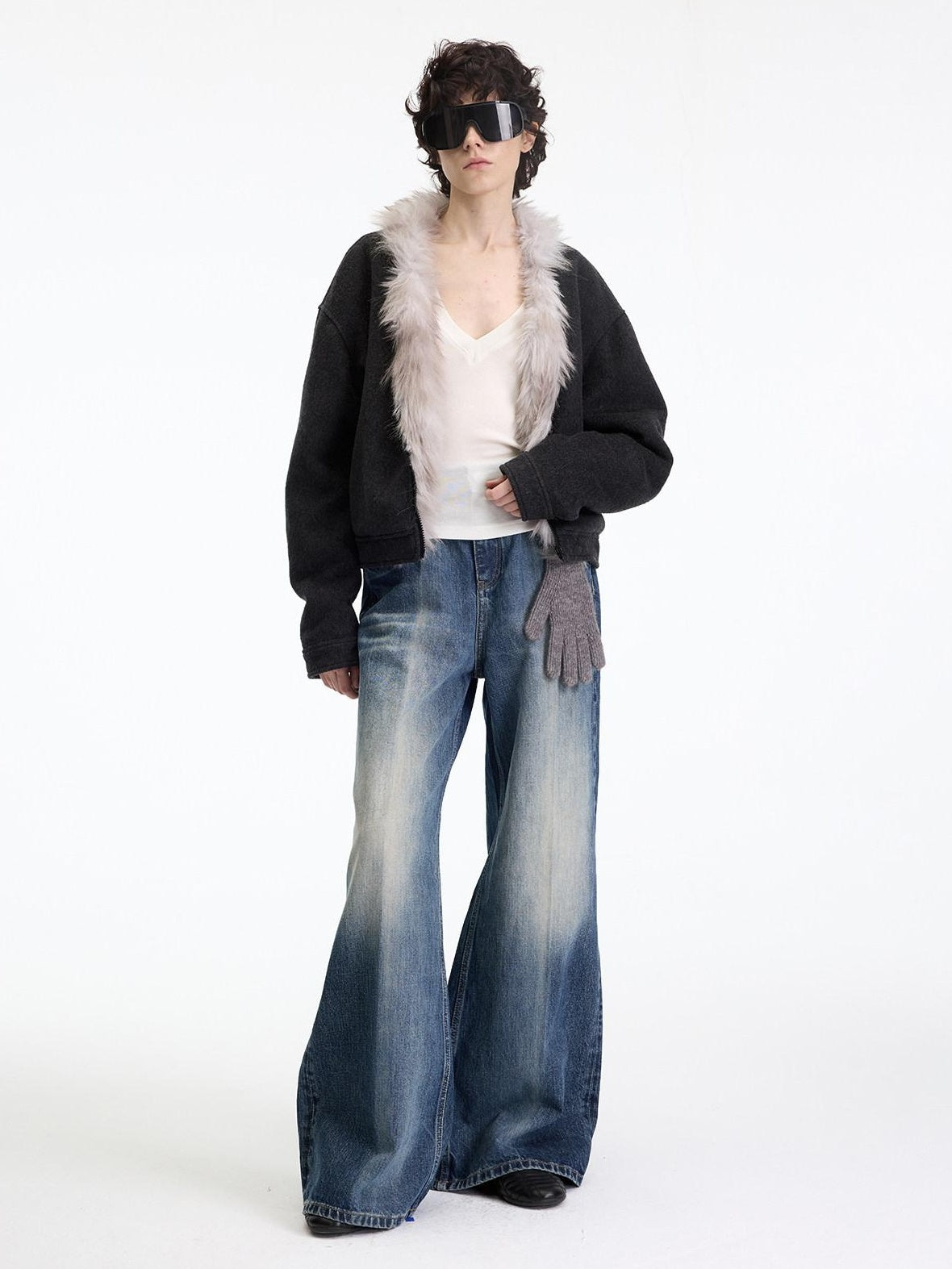 RUN TO THE FUTURE Warm Thick Patchwork Casual Zip Front Fur Collar Women Black Cardigans