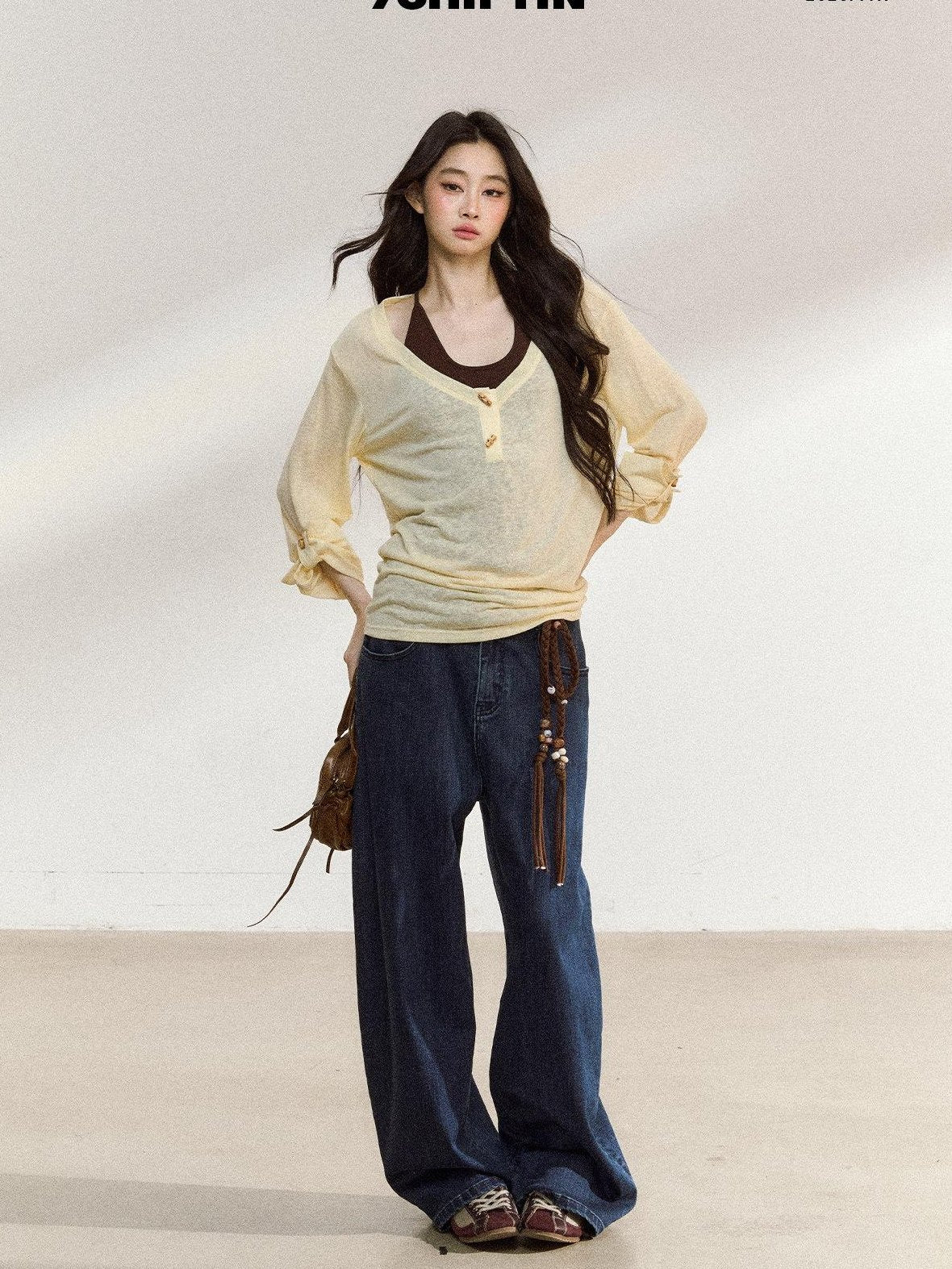 7Shiftin Layered Two Piece Casual Round Neck For Women Cami Coverup Long Sleeve T-Shirts