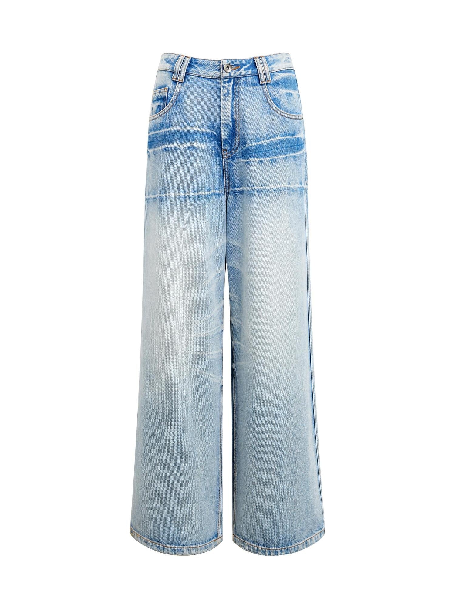 RUN TO THE FUTURE Washed Low Waist Casual Loose Fit Cotton Zipper Women Denim Blue Wide-Leg Jeans