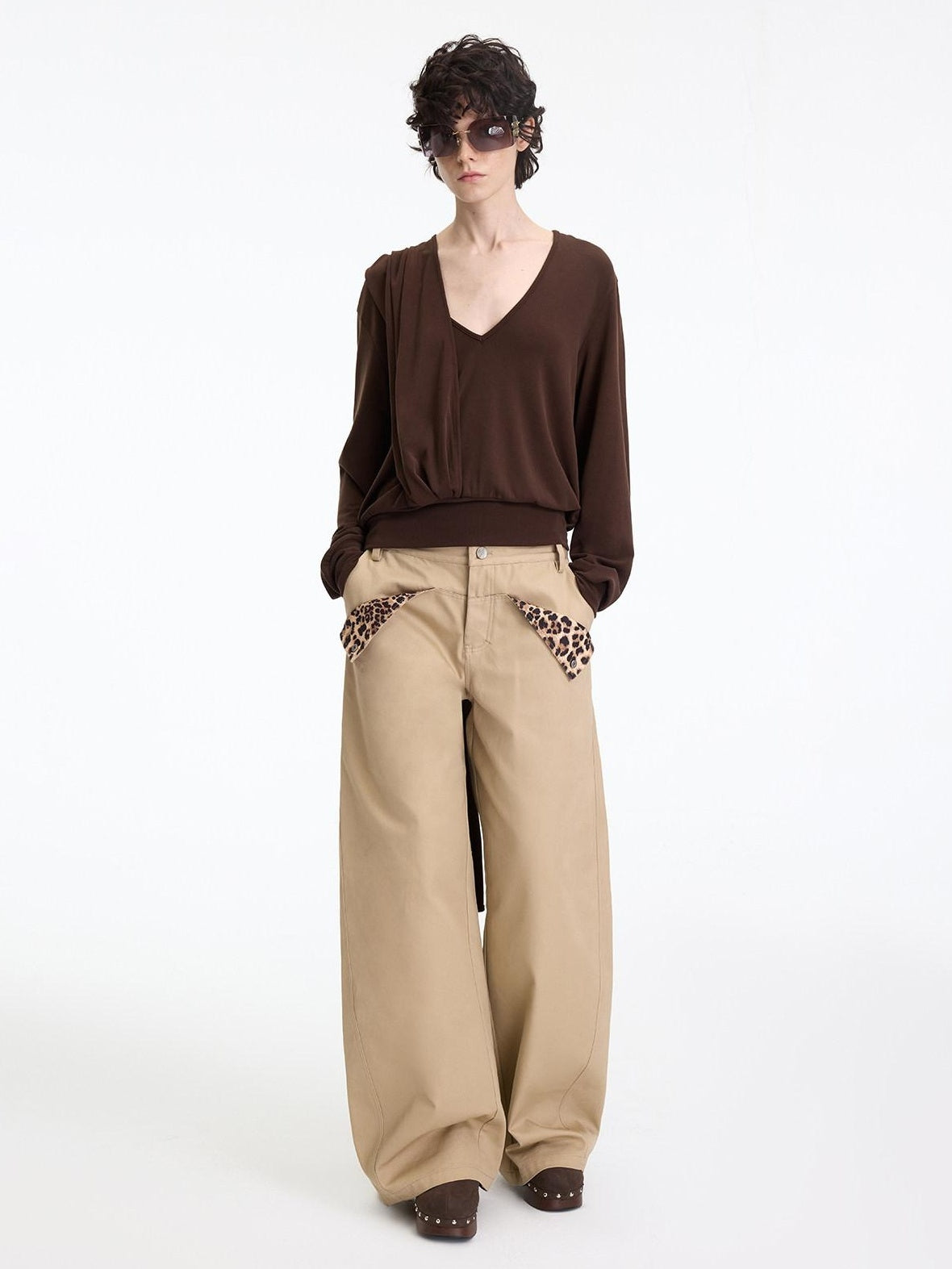 RUN TO THE FUTURE Leopard Patchwork Casual Loose Straight Leg Mid Rise Zip Fly Cotton Khaki Chinos