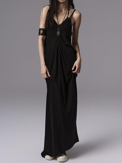 Low pixel Pure Cupro Slim Fit Dark Gothic Vneck Camisole Women Black Zip Back Maxi Dresses