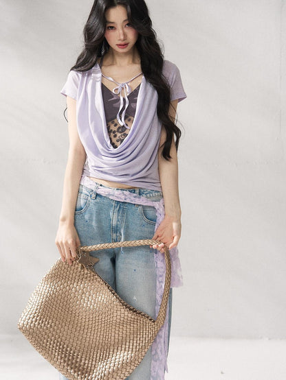 7Shiftin Purple Tie Front Relaxed Crew Neck Short Sleeve Casual Women Basic Crop Tops