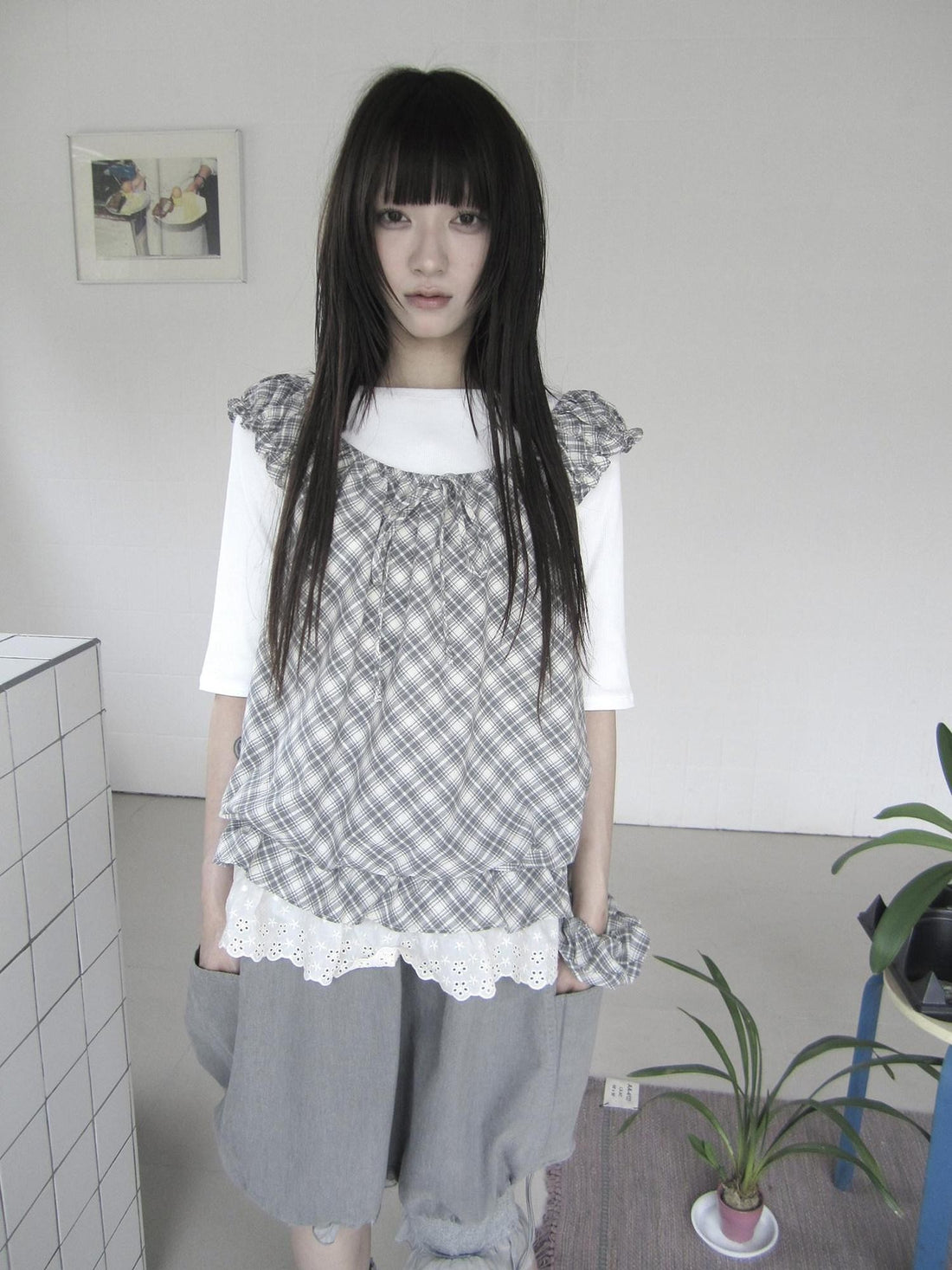 ang project Vintage Plaid Lace Trim Tie Patchwork Round Neck Women&