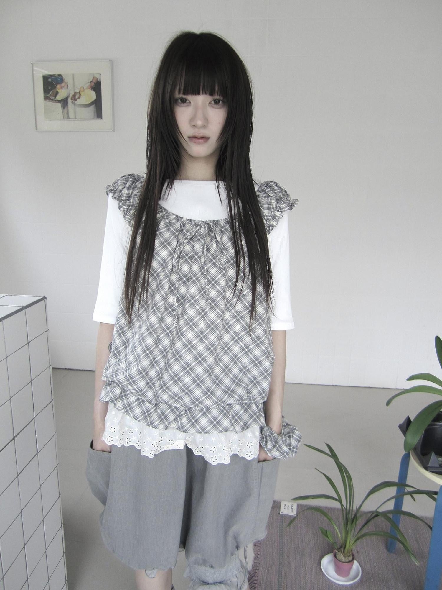 ang project Vintage Plaid Lace Trim Tie Patchwork Round Neck Women&