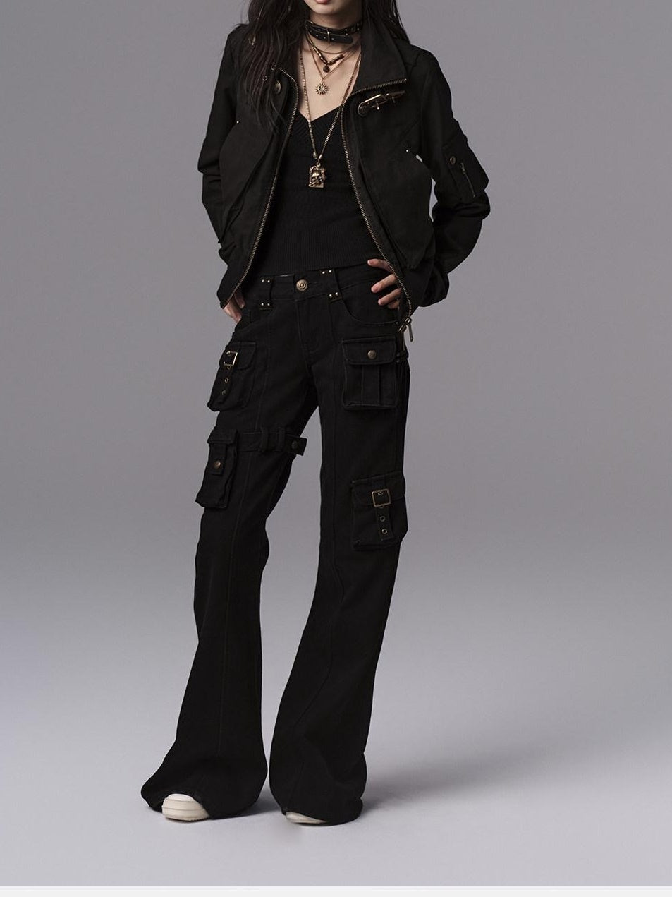 Low pixel Dark Gothic Flared Mid Rise Pocketed Cotton Zip Fly Women Black Cargo Pants