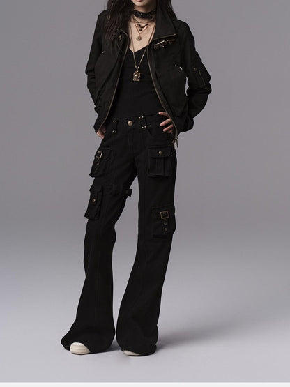Low pixel Dark Gothic Flared Mid Rise Pocketed Cotton Zip Fly Women Black Cargo Pants