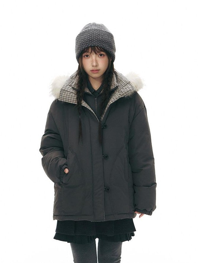 NAPSNAPS White Fur Hooded Double Collar Faux Two Piece Women&