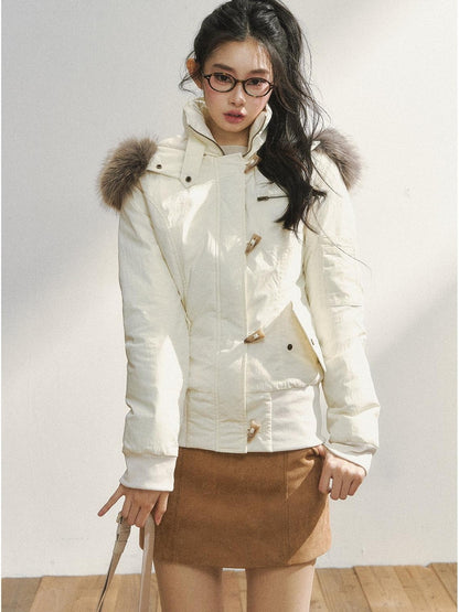 7Shiftin Warm Hooded Two Tone Fur Collar Toggle Closure Short Casual Women Puffer Jackets
