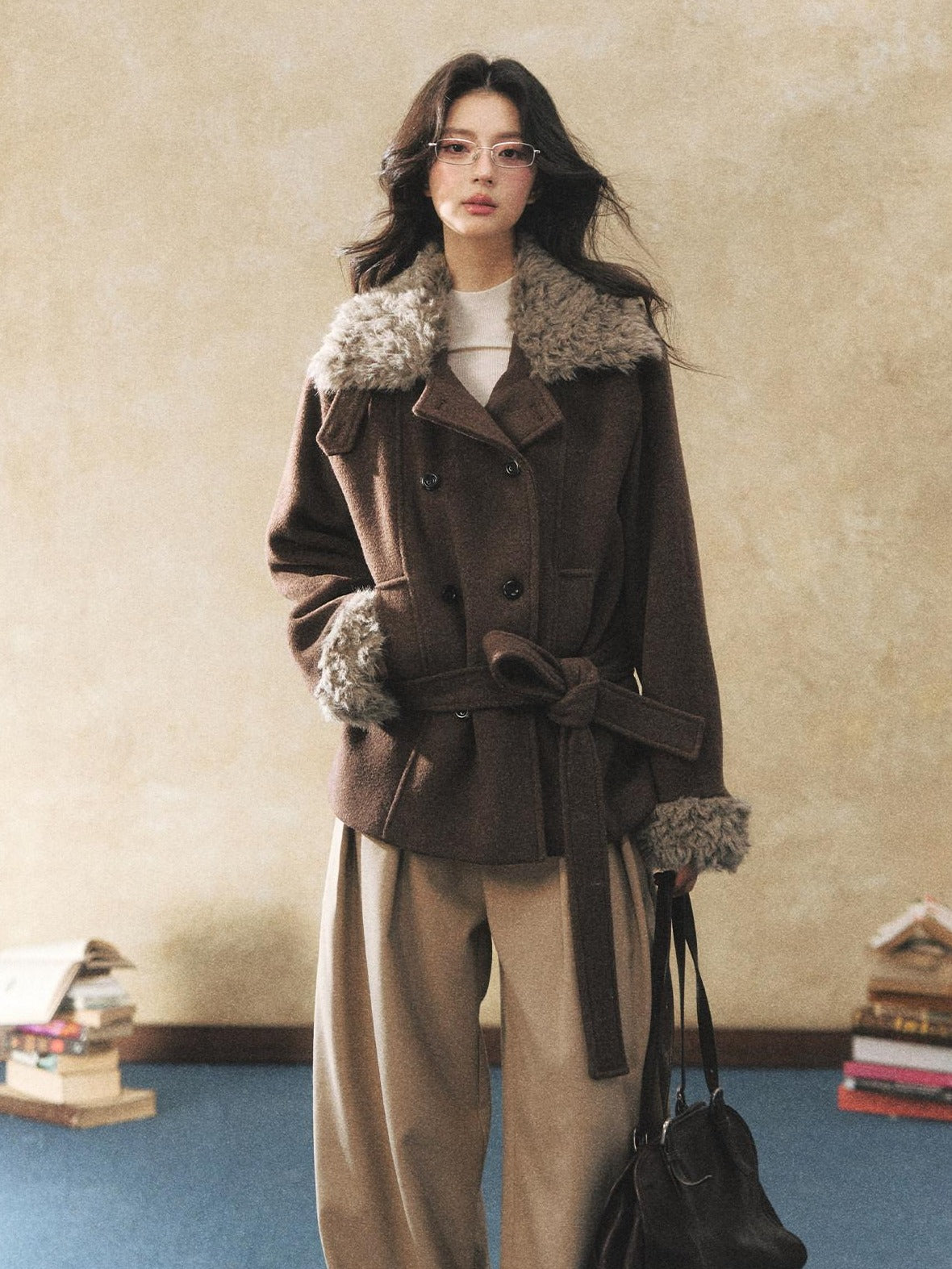 7Shiftin Warm Waist Cinched Casual Mid Length Fur Collar Double Breasted Brown Coats