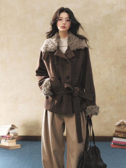 7Shiftin Warm Waist Cinched Casual Mid Length Fur Collar Double Breasted Brown Coats