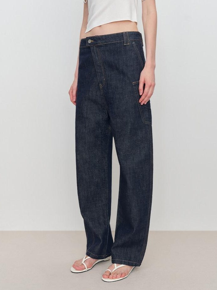 RUN TO THE FUTURE Durable Low Rise Loose Fit Casual Solid Dark Denim No Stretch Straight Jeans
