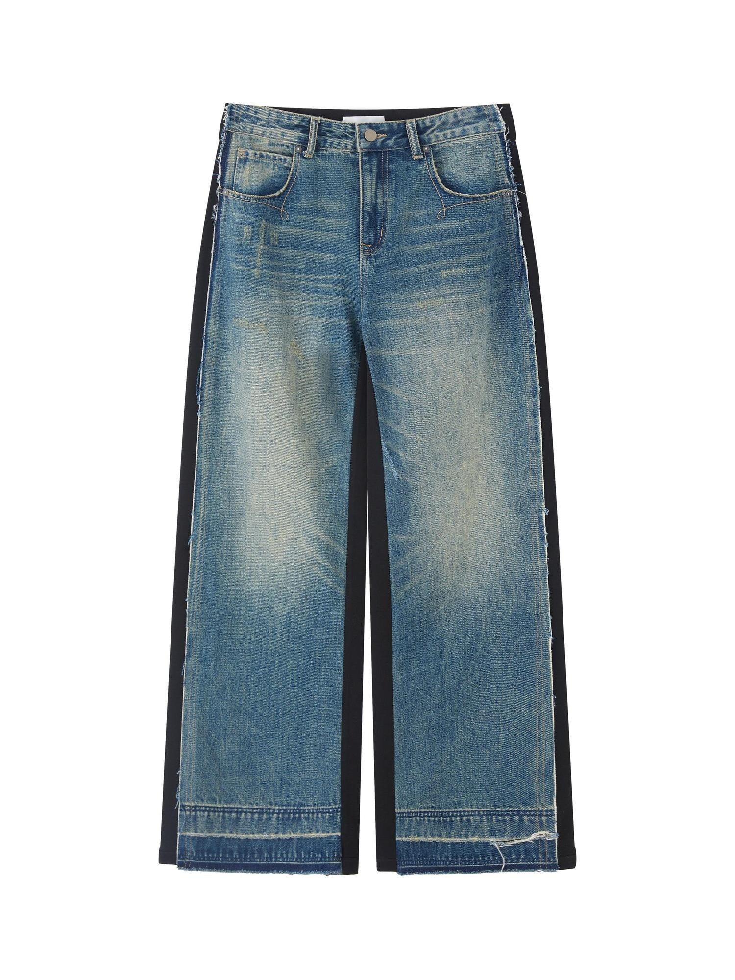 RUN TO THE FUTURE Washed Low Rise Wide Leg Loose Blue Black Denim Zipper Fly Straight Jeans