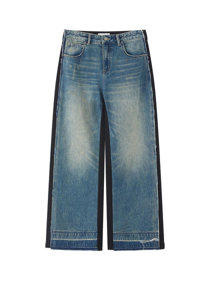 RUN TO THE FUTURE Washed Low Rise Wide Leg Loose Blue Black Denim Zipper Fly Straight Jeans