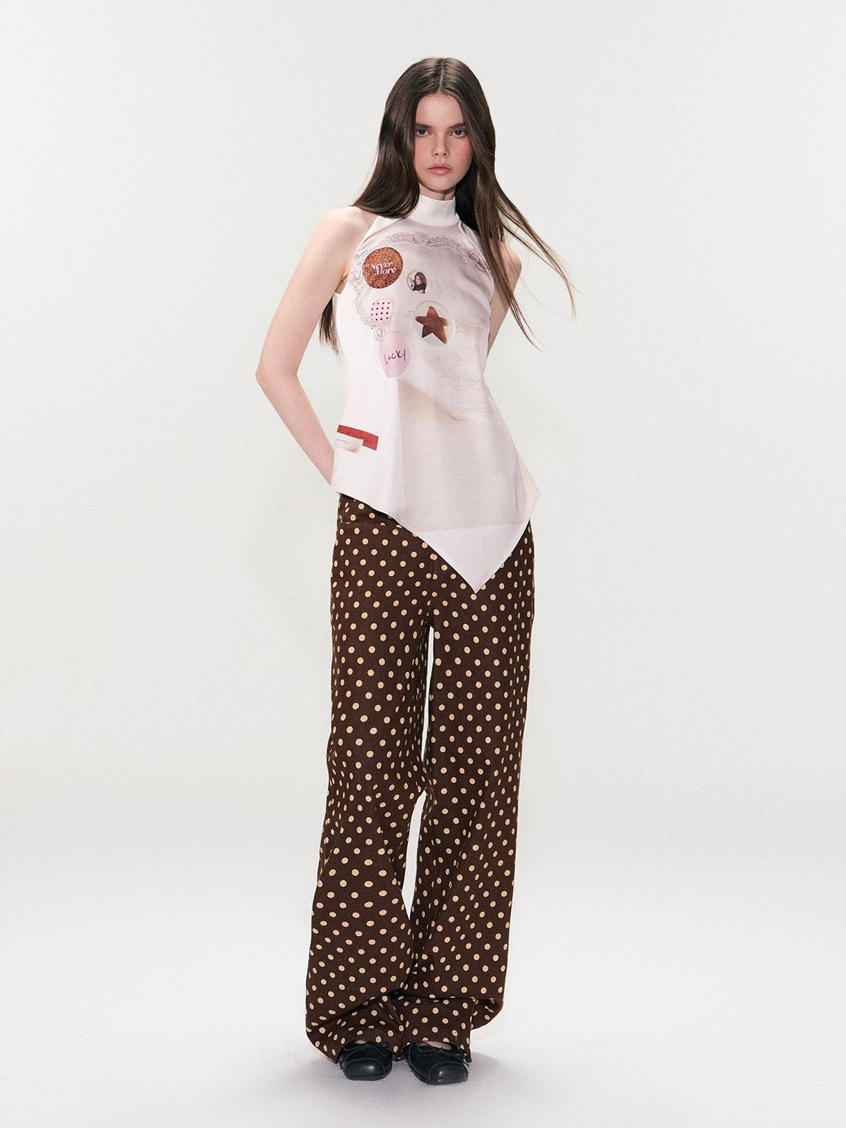 The NeverMore Cotton Polka Dot Vintage Natural Waist Casual Women Brown Straight Leg Jeans