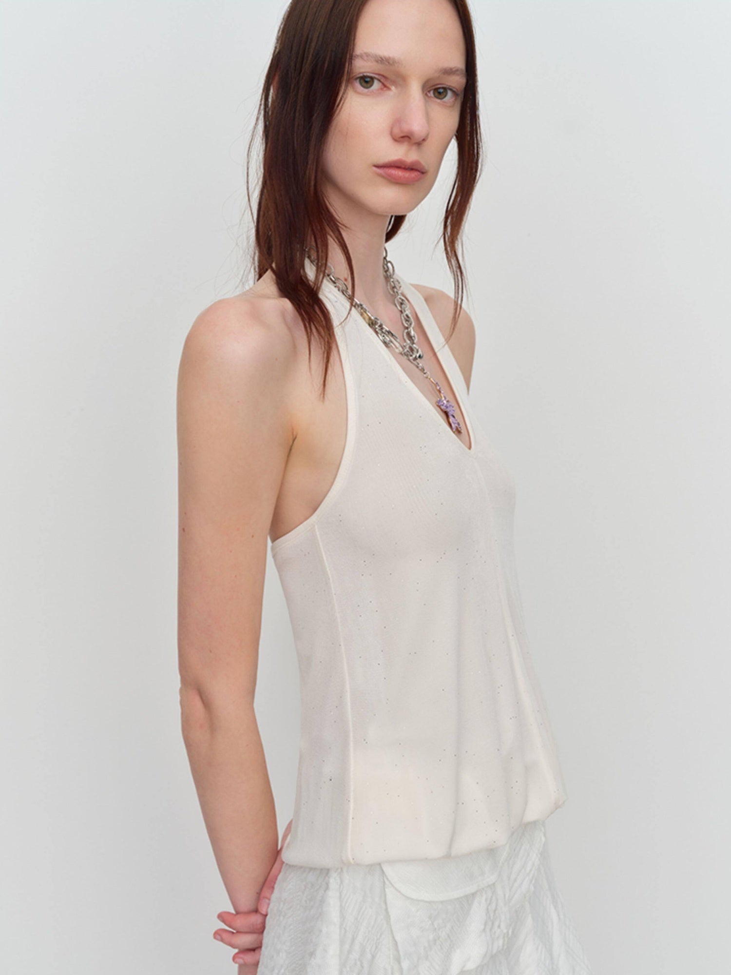 RUN TO THE FUTURE Shimmer Sequin Halter Cropped Unlined Solid Stretch Polyester Women Camisoles