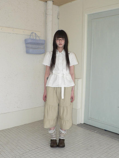 ang project Korean Turn Down Collar Single Button Tie Waist Women&