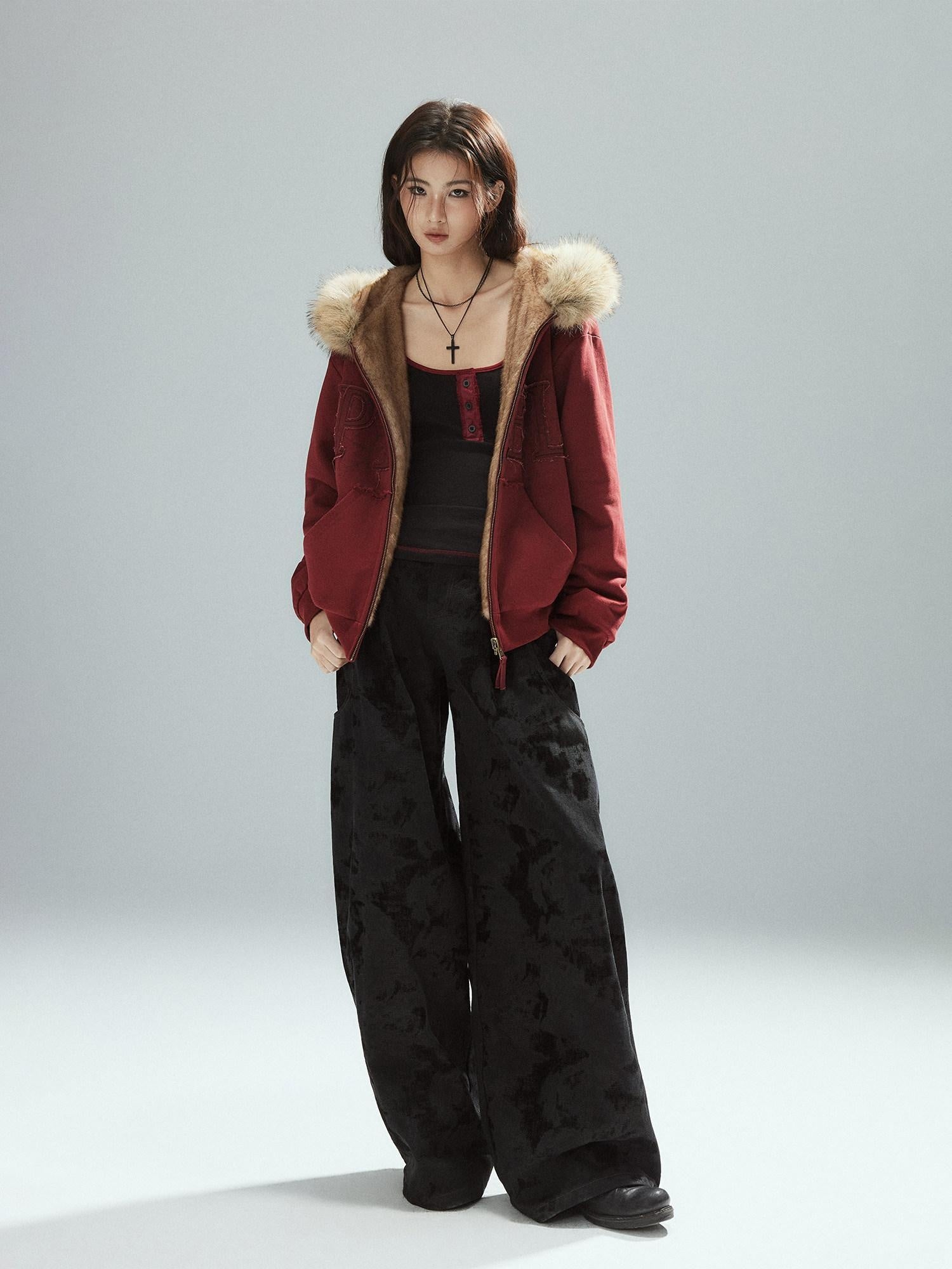 Low pixel Thick Warm 100 Percent Cotton Street Loose Fit Zip Up Women Red Oversized Hoodie