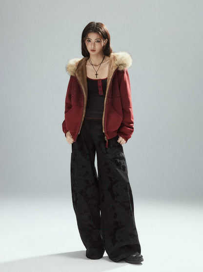 Low pixel Thick Warm 100 Percent Cotton Street Loose Fit Zip Up Women Red Oversized Hoodie