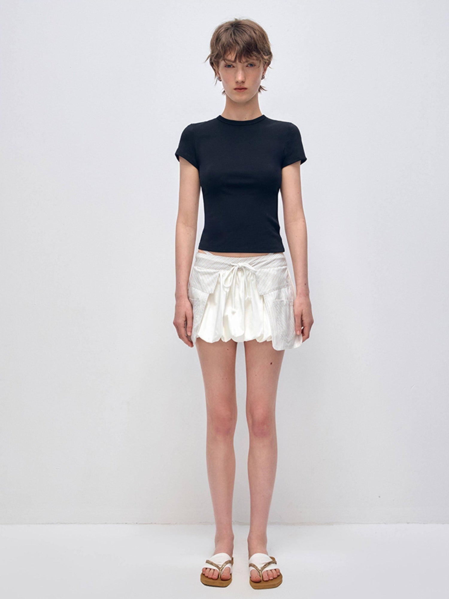 RUN TO THE FUTURE Original Minimal Cotton Lantern Low Waist Tie Pockets Women Short Trousers