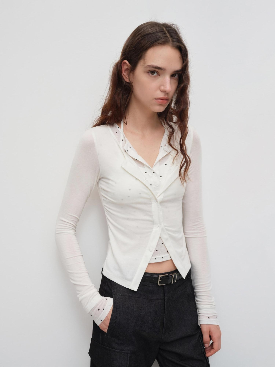 RUN TO THE FUTURE Polka Dot Knit Faux Layered Slim Fit Collared Women Casual Long Sleeve T-Shirts