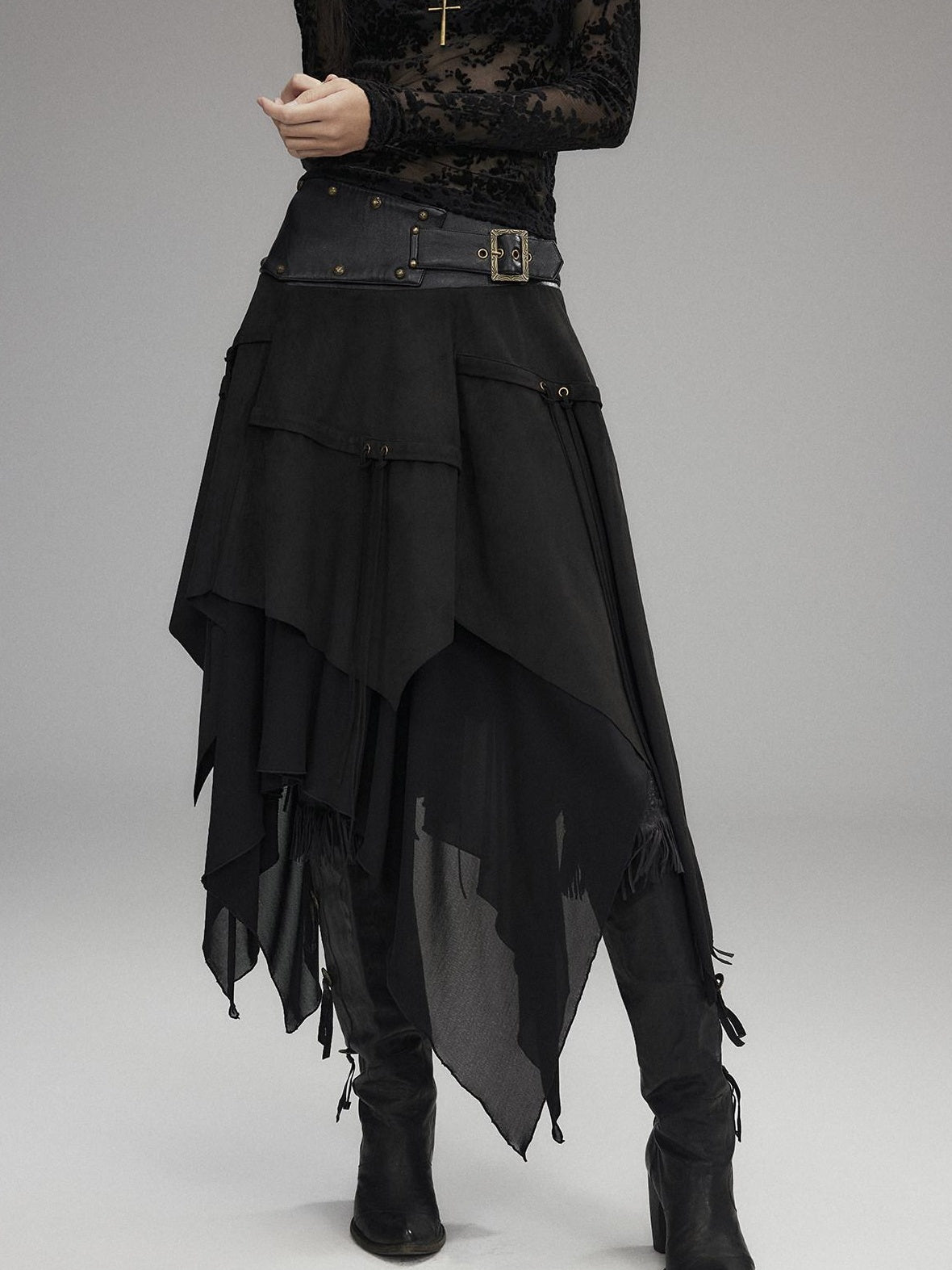 Low pixel Sexy Low Waist Asymmetrical A Line Zipper Black Woven Polyester Midi Skirts