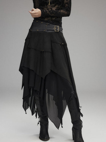 Low pixel Sexy Low Waist Asymmetrical A Line Zipper Black Woven Polyester Midi Skirts