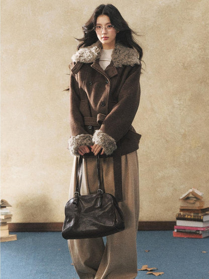 7Shiftin Warm Waist Cinched Casual Mid Length Fur Collar Double Breasted Brown Coats
