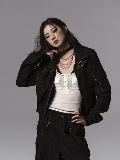 Low pixel Windproof Vintage Slim Metal Detail Women Cotton Lyocell Button Cropped Jackets