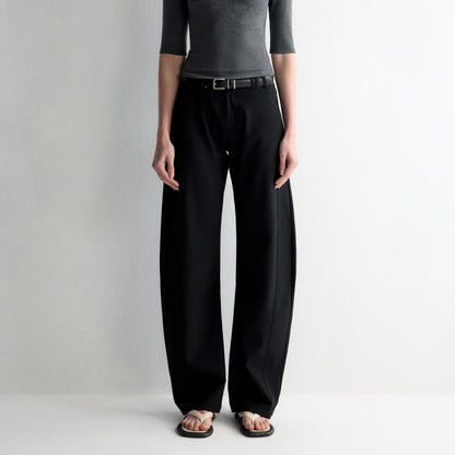 RUN TO THE FUTURE Soft Stretch Low Rise Minimal Loose Curved Tapered Women Classic Black Chinos
