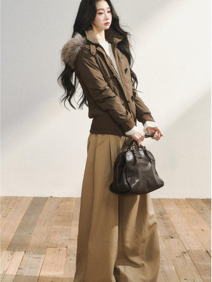 7Shiftin Warm Hooded Two Tone Fur Collar Toggle Closure Short Casual Women Puffer Jackets
