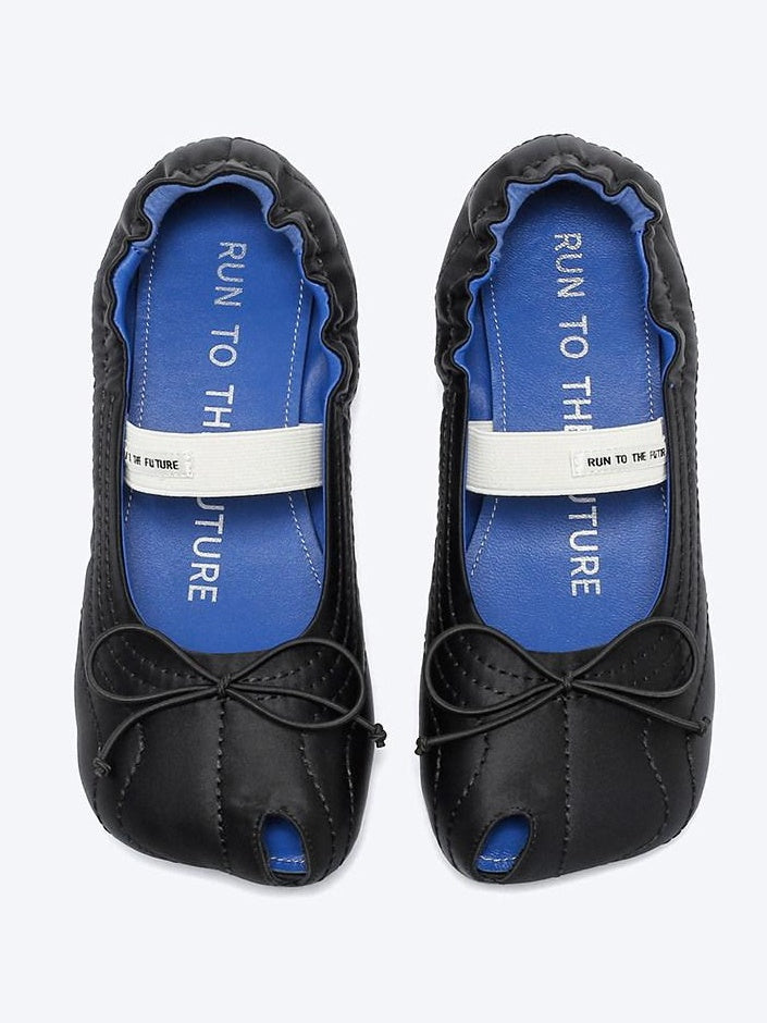 RUN TO THE FUTURE Cross Strap Casual Peep Toe Leather Lined Microfiber Upper Women Black Flats