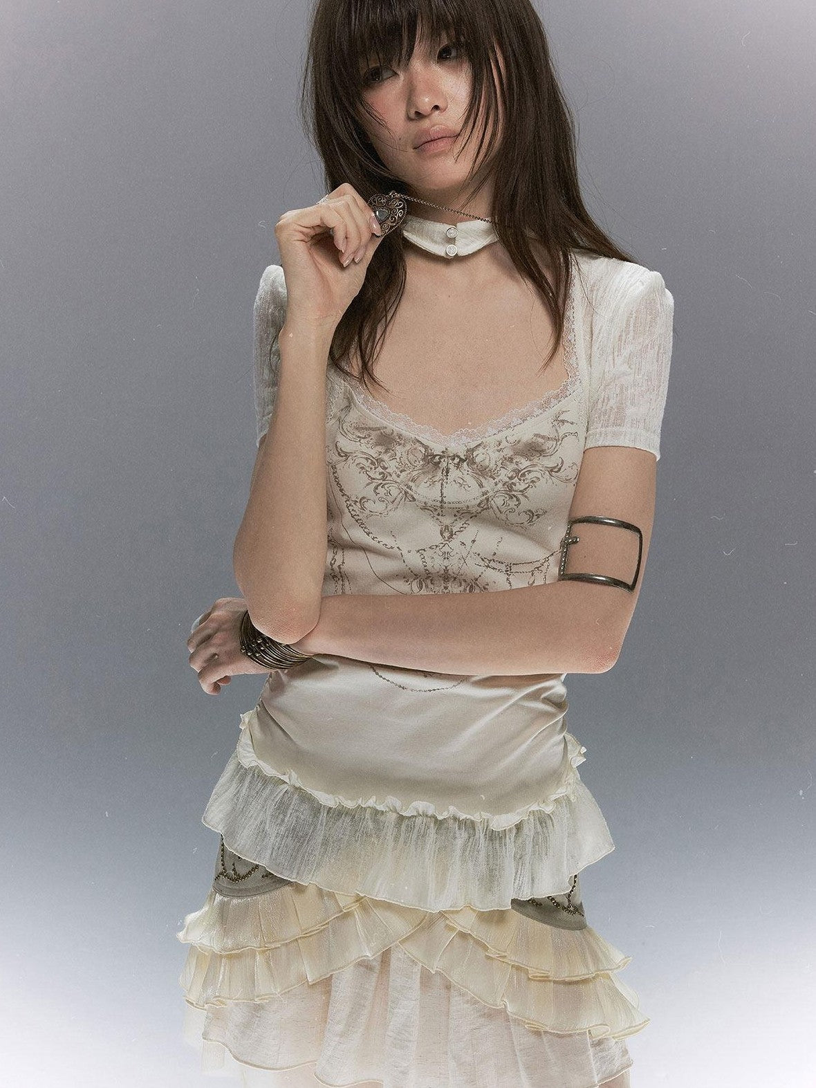 Cest Nous Butterfly Print Textured Lace Ruffle Women&