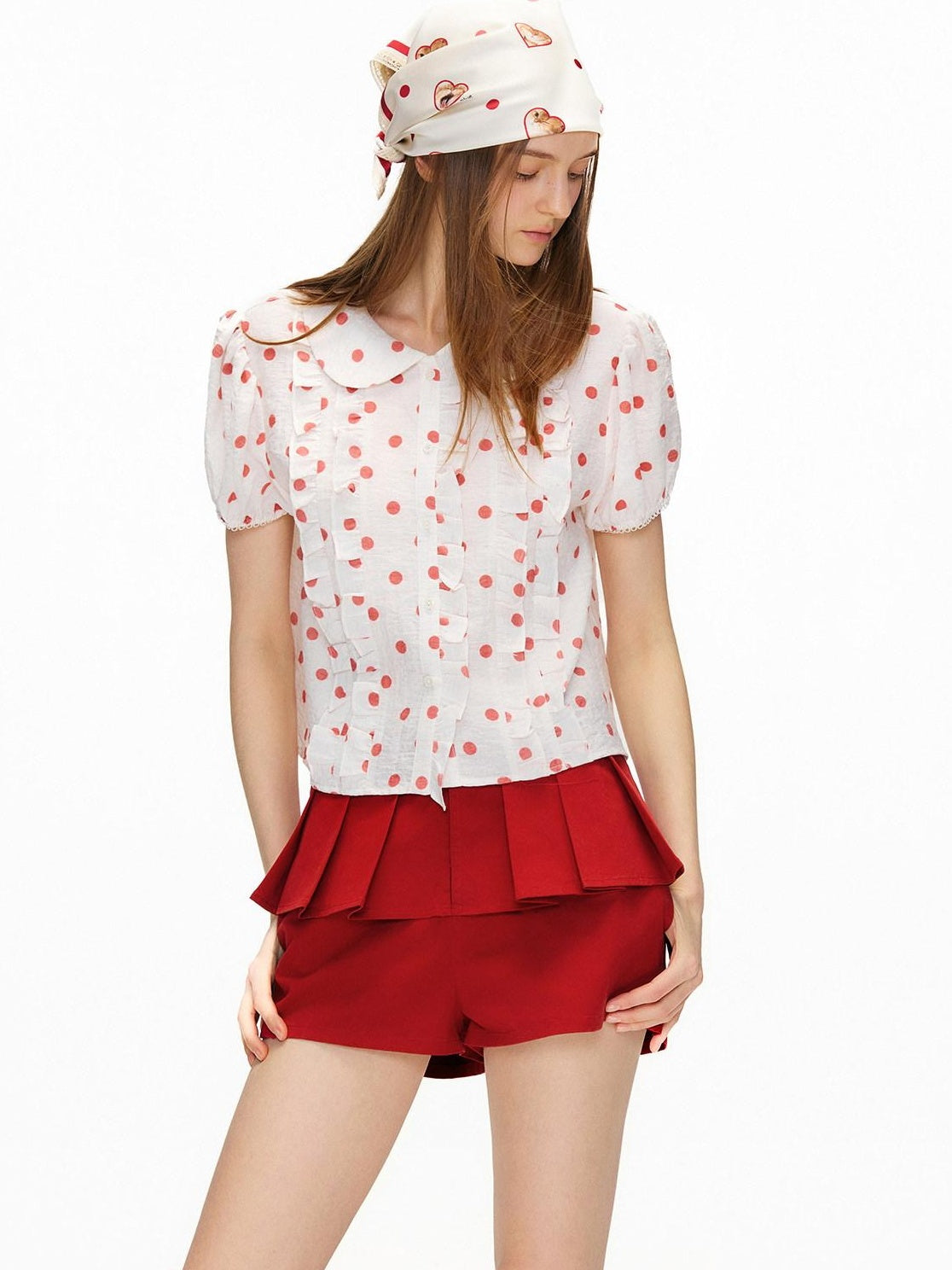 OuttheBlue Waist Cinch Ruffle Casual Puff Sleeve Doll Collar Polka Dot Women Shirts