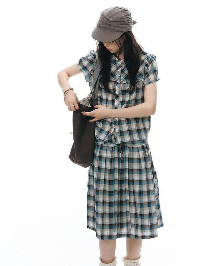 NAPSNAPS Blue Plaid Ruffle Puff Sleeve Button Tie Women&