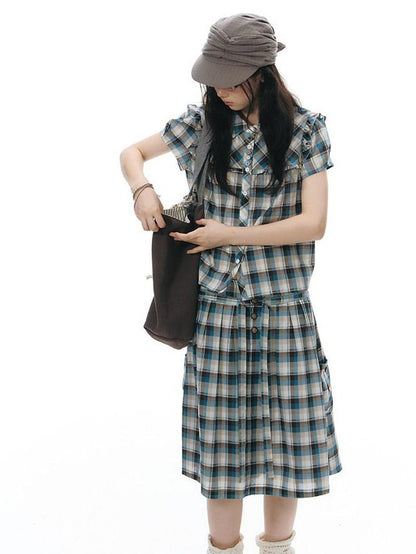 NAPSNAPS Blue Plaid Ruffle Puff Sleeve Button Tie Women&