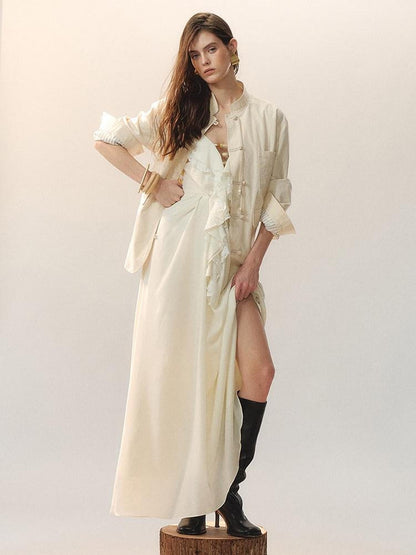 AnnoMundi 100 Percent Cotton Chinese Loose Fit Women Casual Beige Overshirts