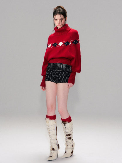 The NeverMore Warm Wool Pullover Vintage Jacquard Cape Batwing Women High Neck Red Sweaters