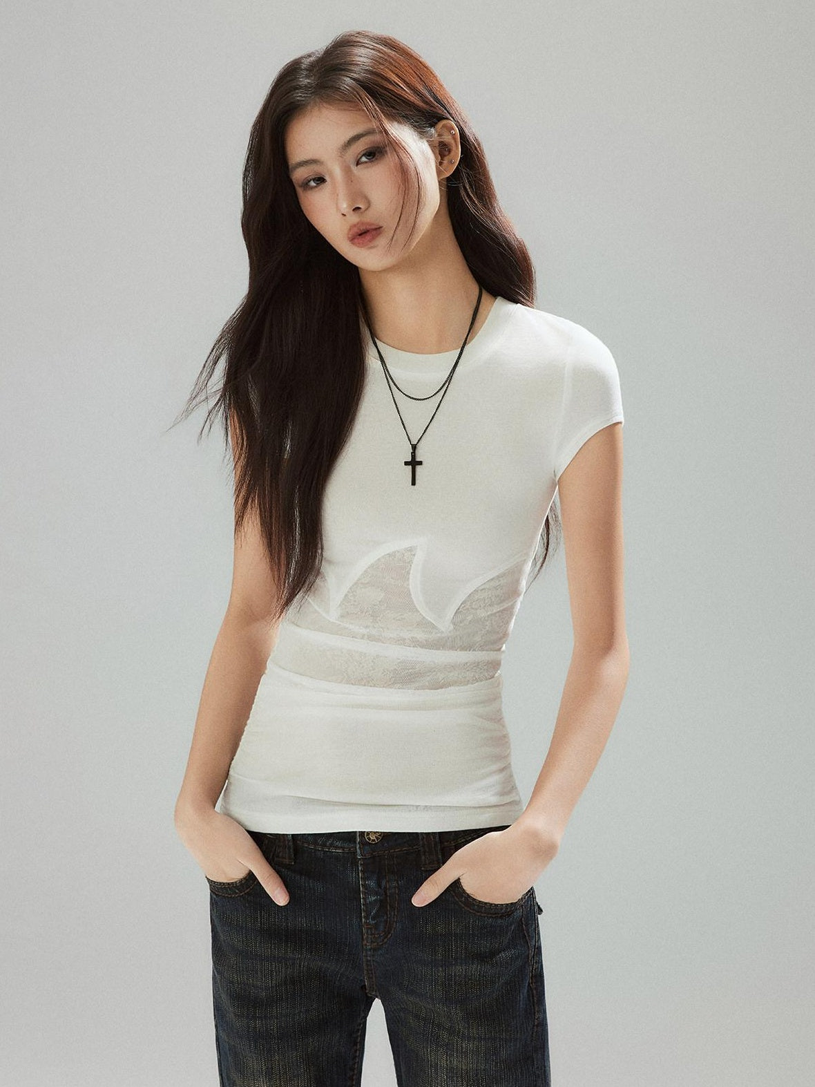 Low pixel Lyocell Slim Street Patchwork For Women Round Neck Short Sleeve T-Shirts