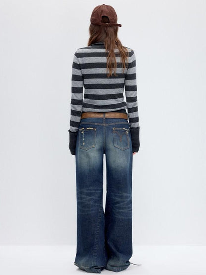 RUN TO THE FUTURE Washed Deep Navy Low Rise Loose Fit Casual Denim Wide Leg Straight Jeans