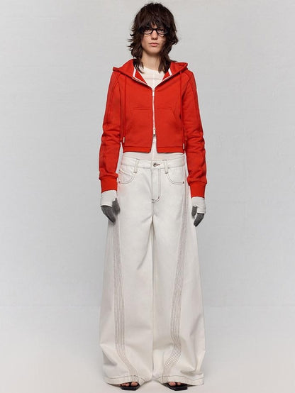 RUN TO THE FUTURE Casual Colorblock Loose Natural Waist Washed Denim High Cotton Wide-Leg Jeans