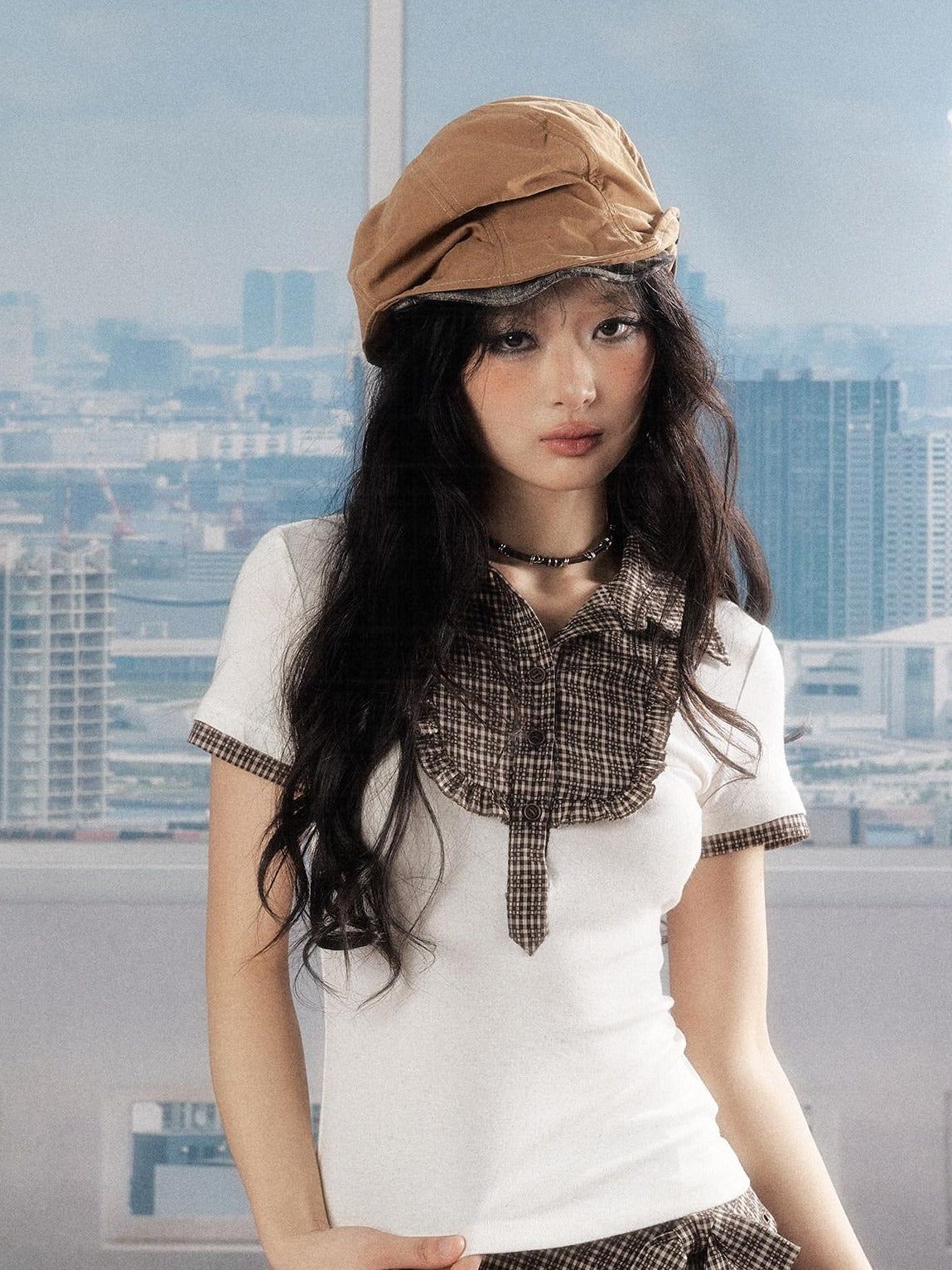 ALL iN plan Modal Waist Slimming Casual Collared A Sleeve Plaid Women Blouse