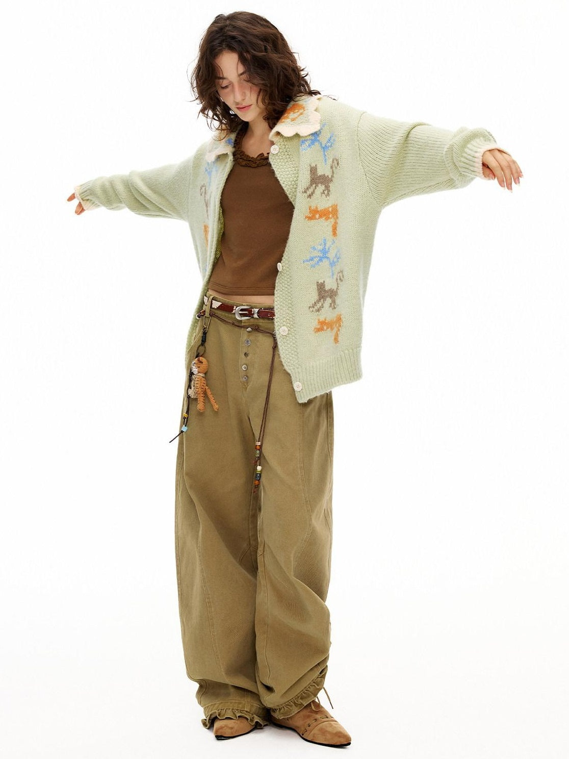 OuttheBlue Warm Acrylic Wool Commuter Loose Jacquard Mint Green Cardigans